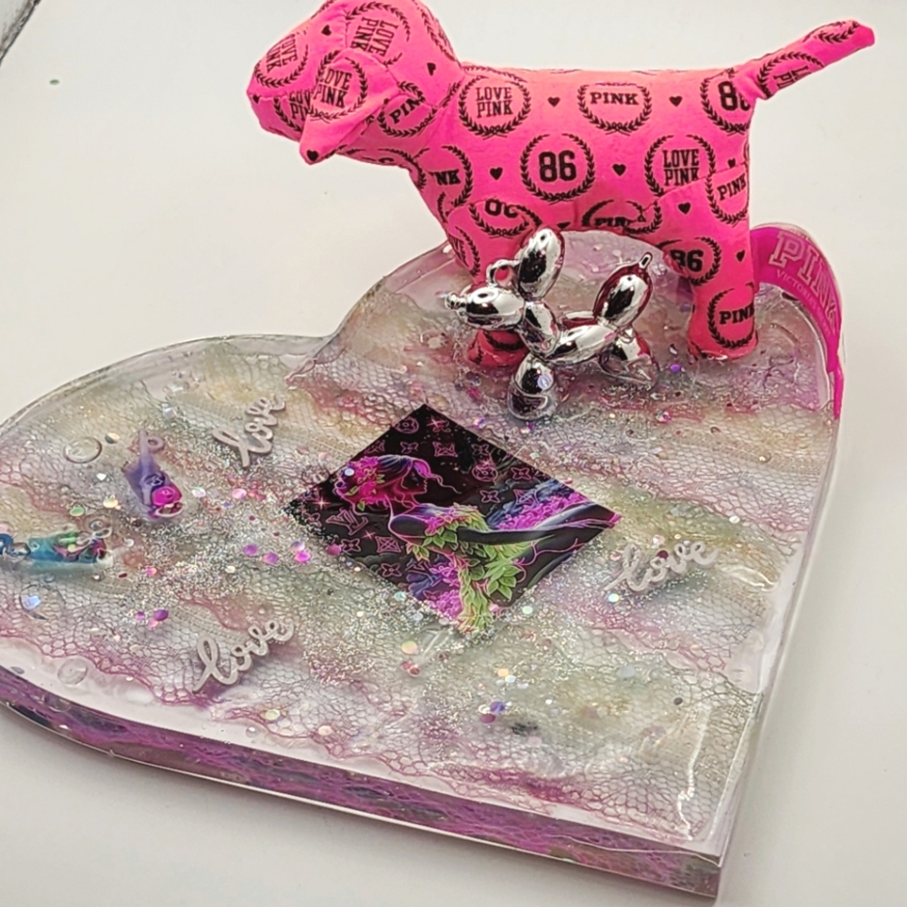 Pink Dog Figurine Resin Heart Tray